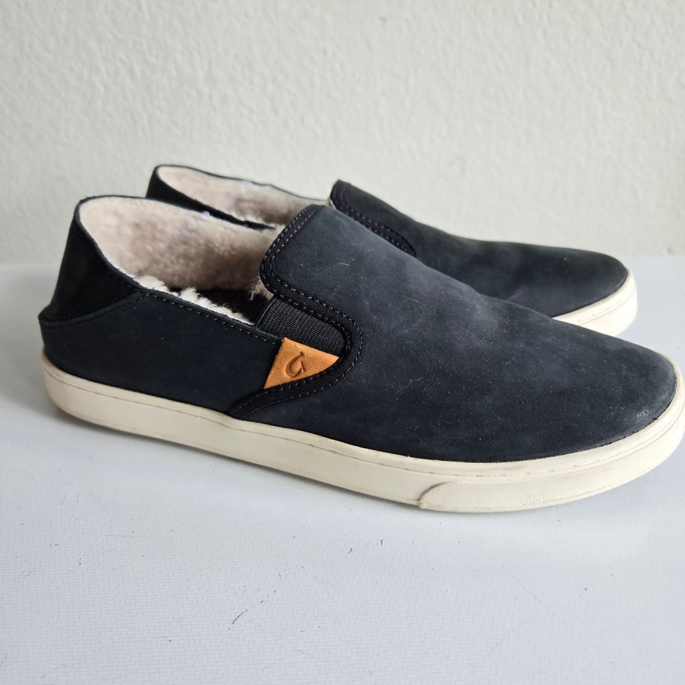 Olukai Pehuea Heu Black Leather Shearling Lined Slip On Sneakers Womens 8 20391 - Picture 4 of 11